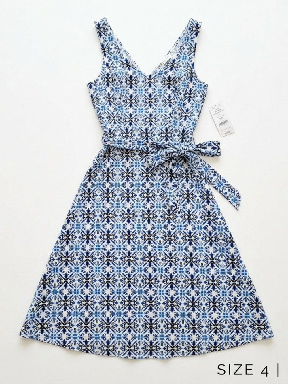 WHBM Outlet Graphic Tiles Cobalt Blue Belted Midi Dress - Size 4 New With Tags